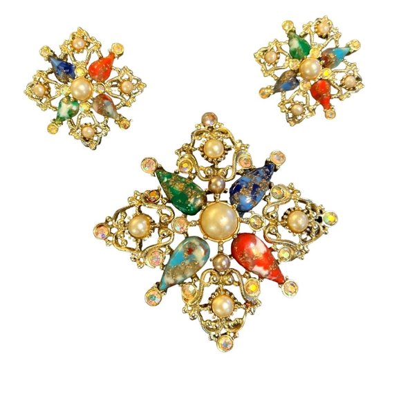 Sarah Coventry Jewelry - Vtg Sarah Coventry Brooch & Clip On Earrings Galaxy Maltese Cross 1960's